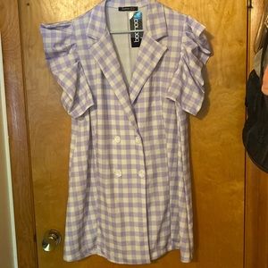 Gingham Checkered Purple Barbie Wing Sleeved Blazer Dress BooHoo Woman’s 14
